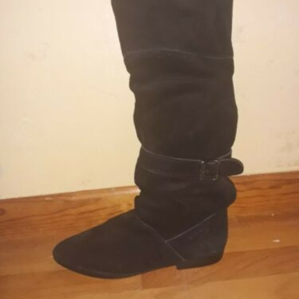 tall black faux suede boots, size 9, great condition